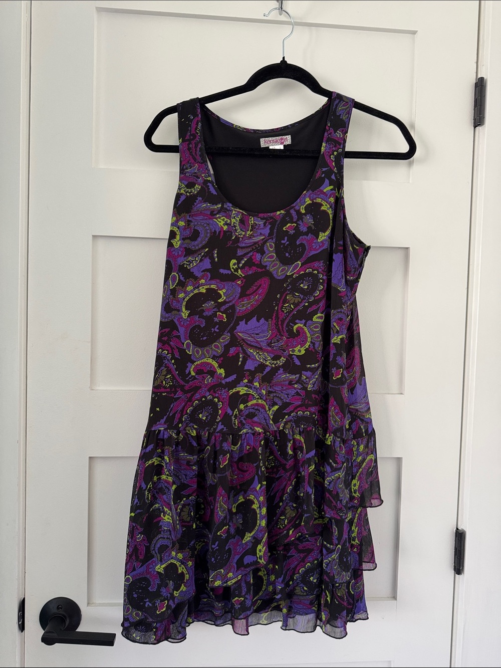 Kensie Girl Purple Paisley Sleeveless Ruffle Hem Mini Dress